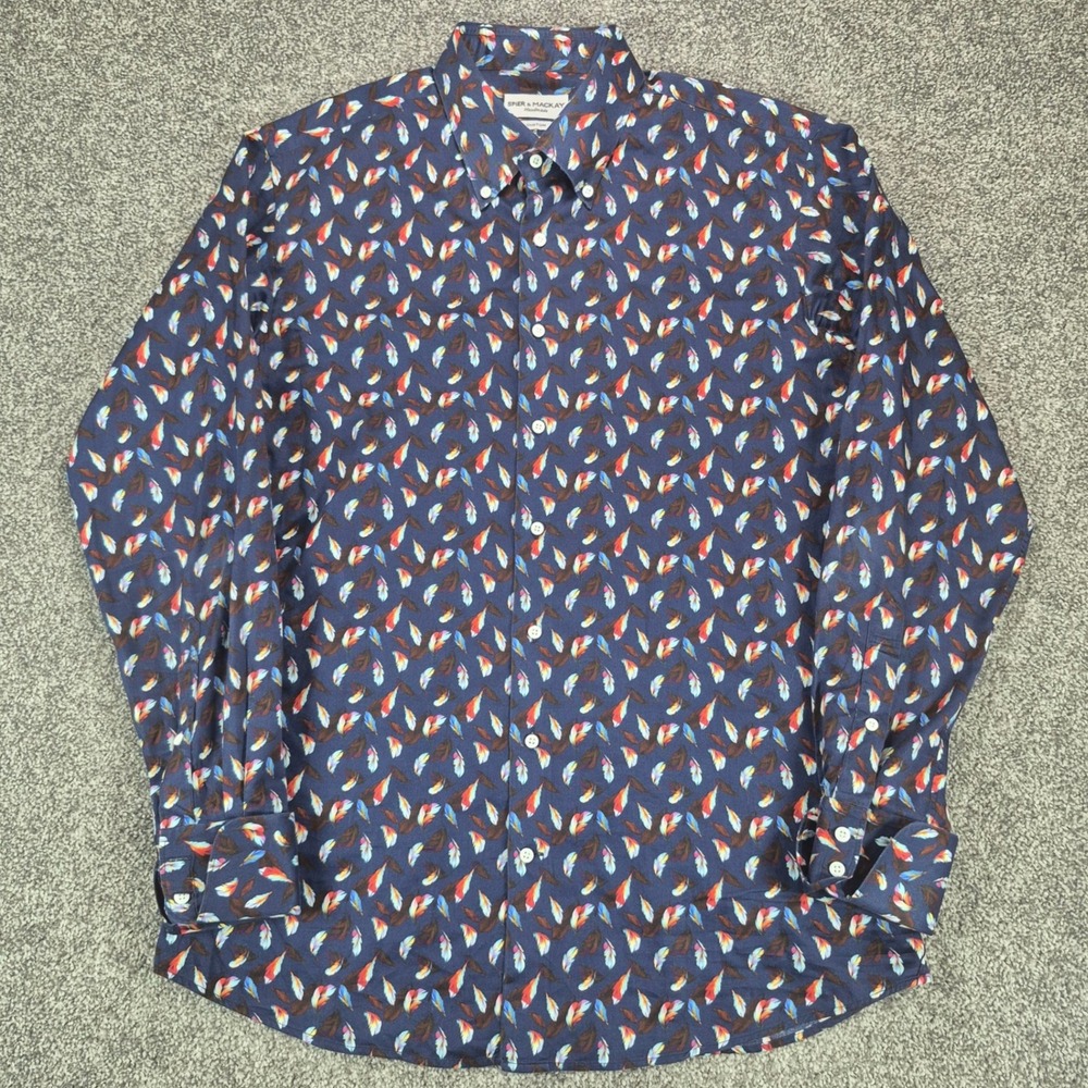 Spier & Mackay Handmade Dress Shirt Mens Large Navy Feather Print Custom Fit